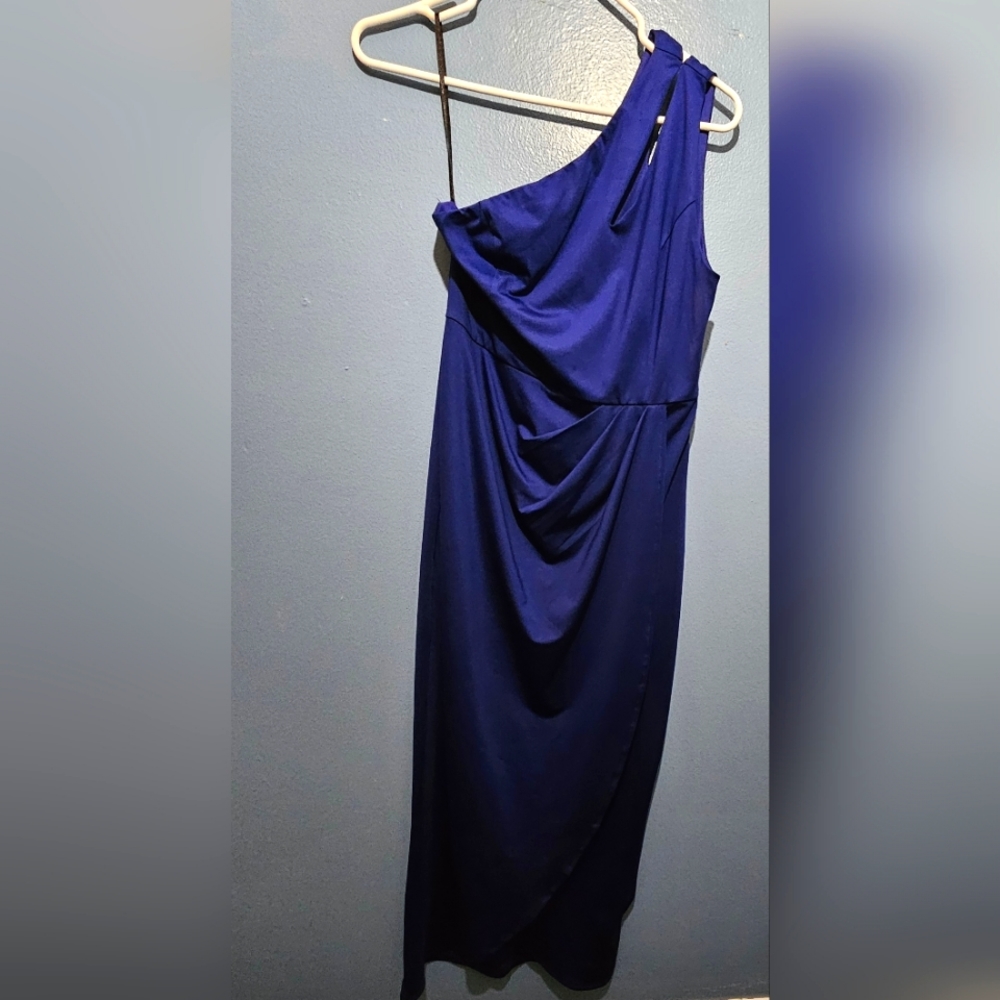One shoulder long navy blue dress